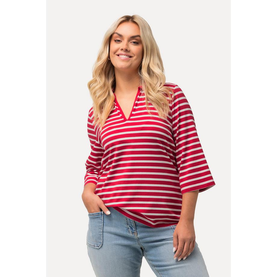 Ulla Popken Ringel V-Ausschnitt 3/4 Arm Poloshirt  