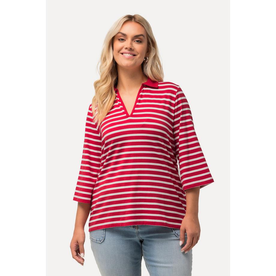 Ulla Popken Ringel V-Ausschnitt 3/4 Arm Poloshirt  