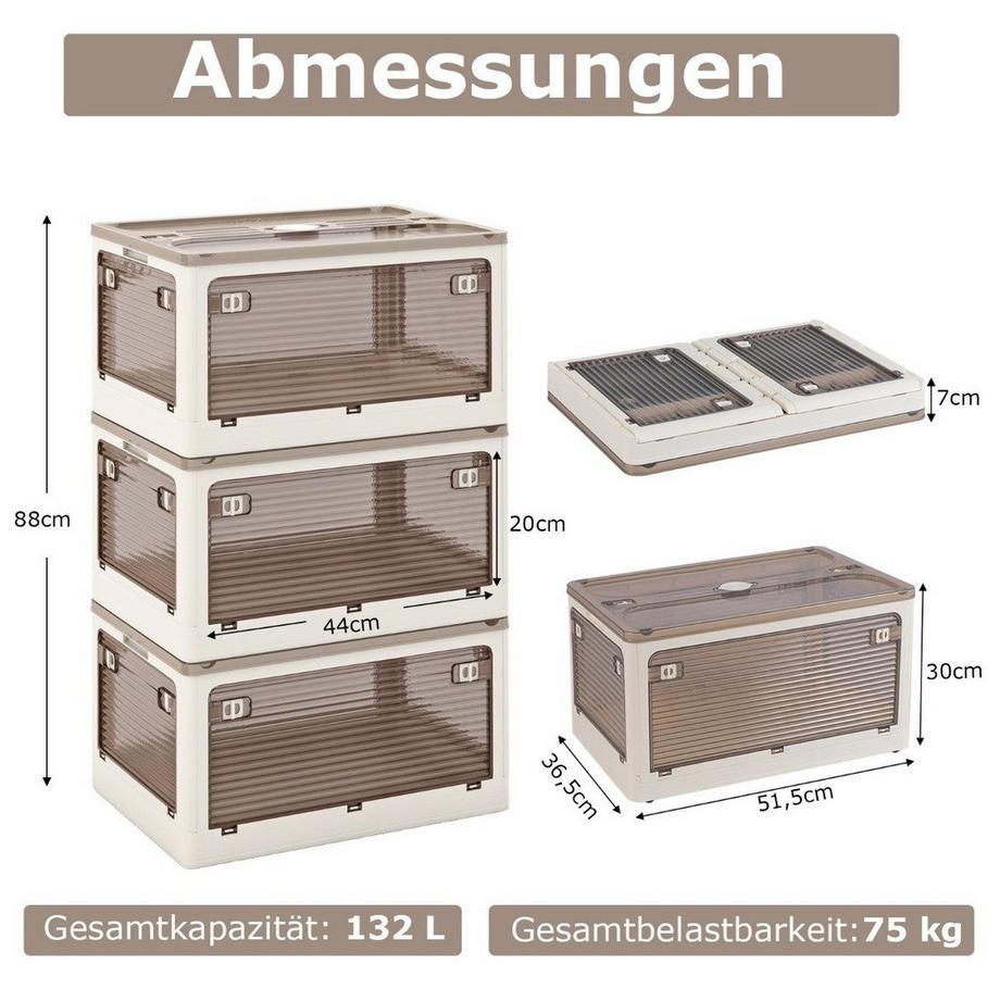 Northio 3er Set Aufbewahrungsboxen mit Deckel auf Rollen Klappbare Stapelboxen von 5 Seiten Zugänglich 132 Liter  