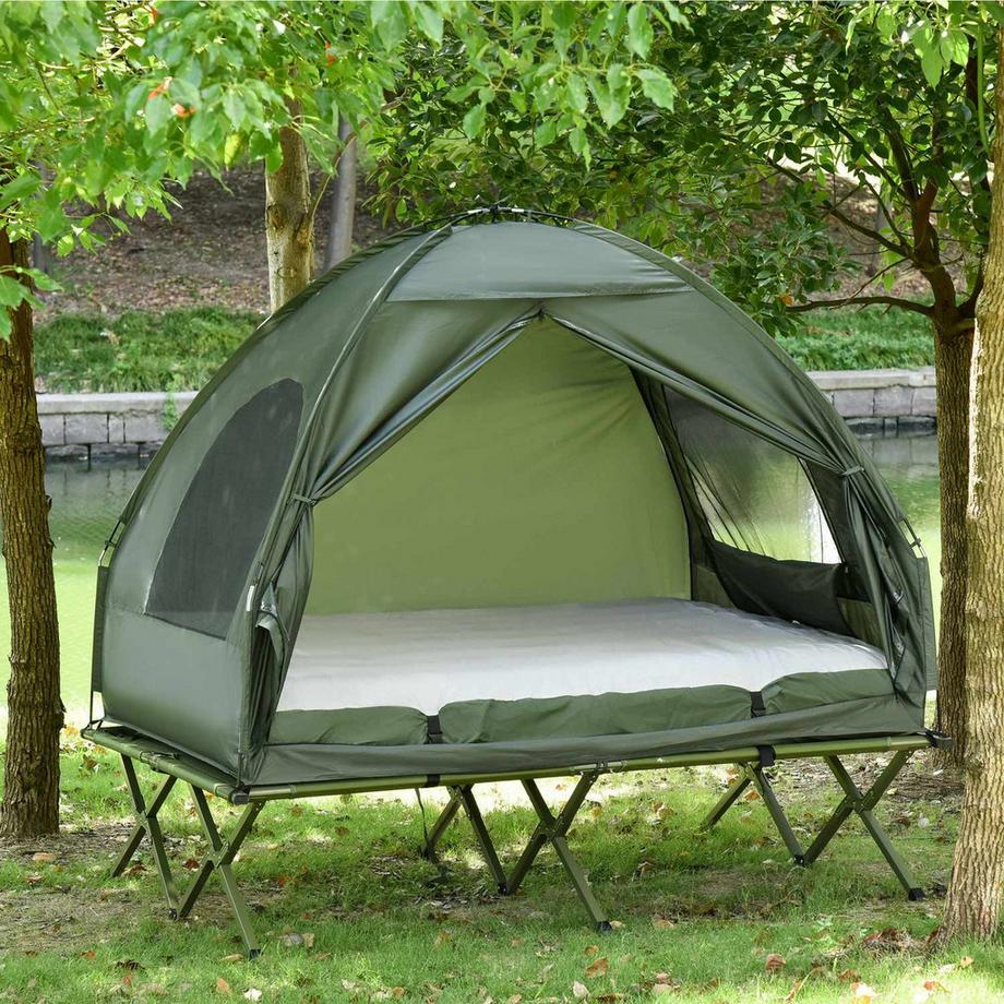 Northio  Lit Et Tente De Camping Surélevés Tente Dôme Avec Matelas Pneumatique Et Pompe Taffetas Vert 193 X 136 X 178 Cm 
