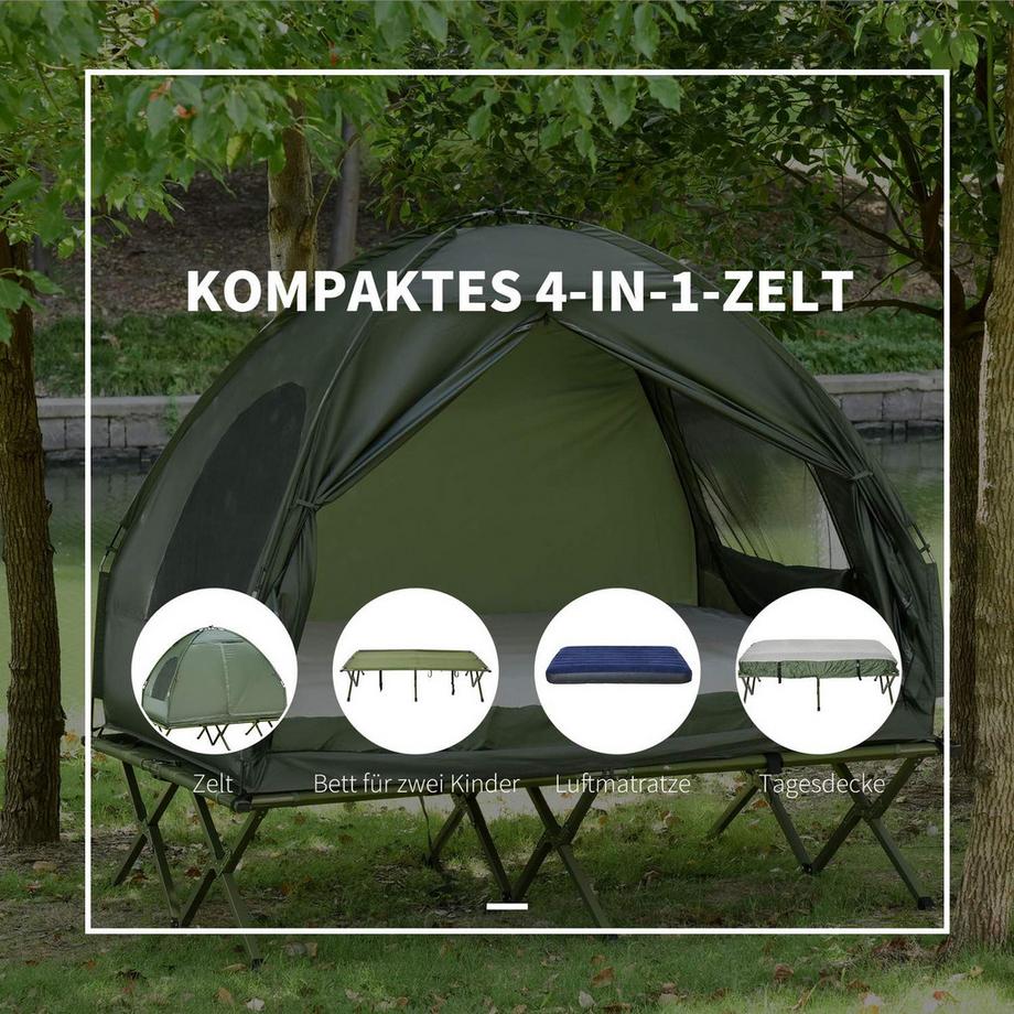 Northio  Lit Et Tente De Camping Surélevés Tente Dôme Avec Matelas Pneumatique Et Pompe Taffetas Vert 193 X 136 X 178 Cm 