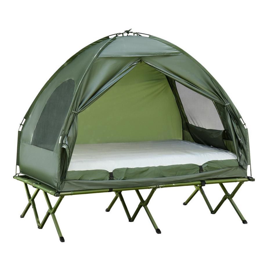 Lit Et Tente De Camping Surélevés Tente Dôme Avec Matelas Pneumatique Et Pompe Taffetas Vert 193 X 136 X 178 Cm