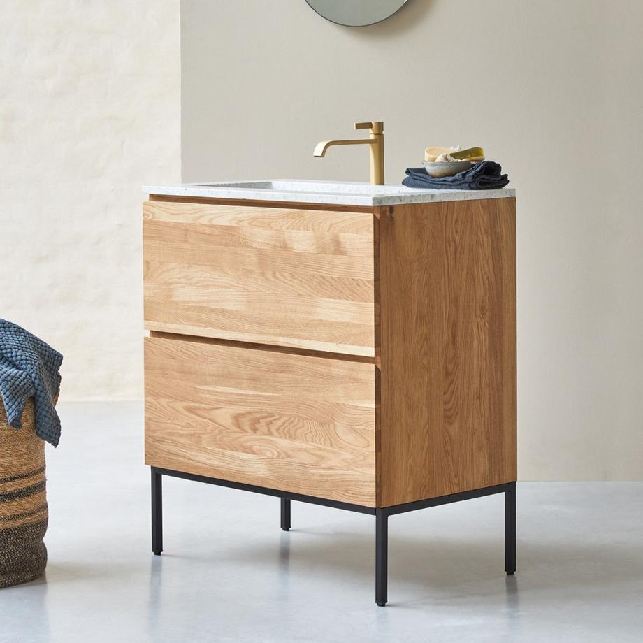 Tikamoon Mobile per il bagno in legno di quercia massello e battuto di terrazzo premium Moon 80 cm Nova  