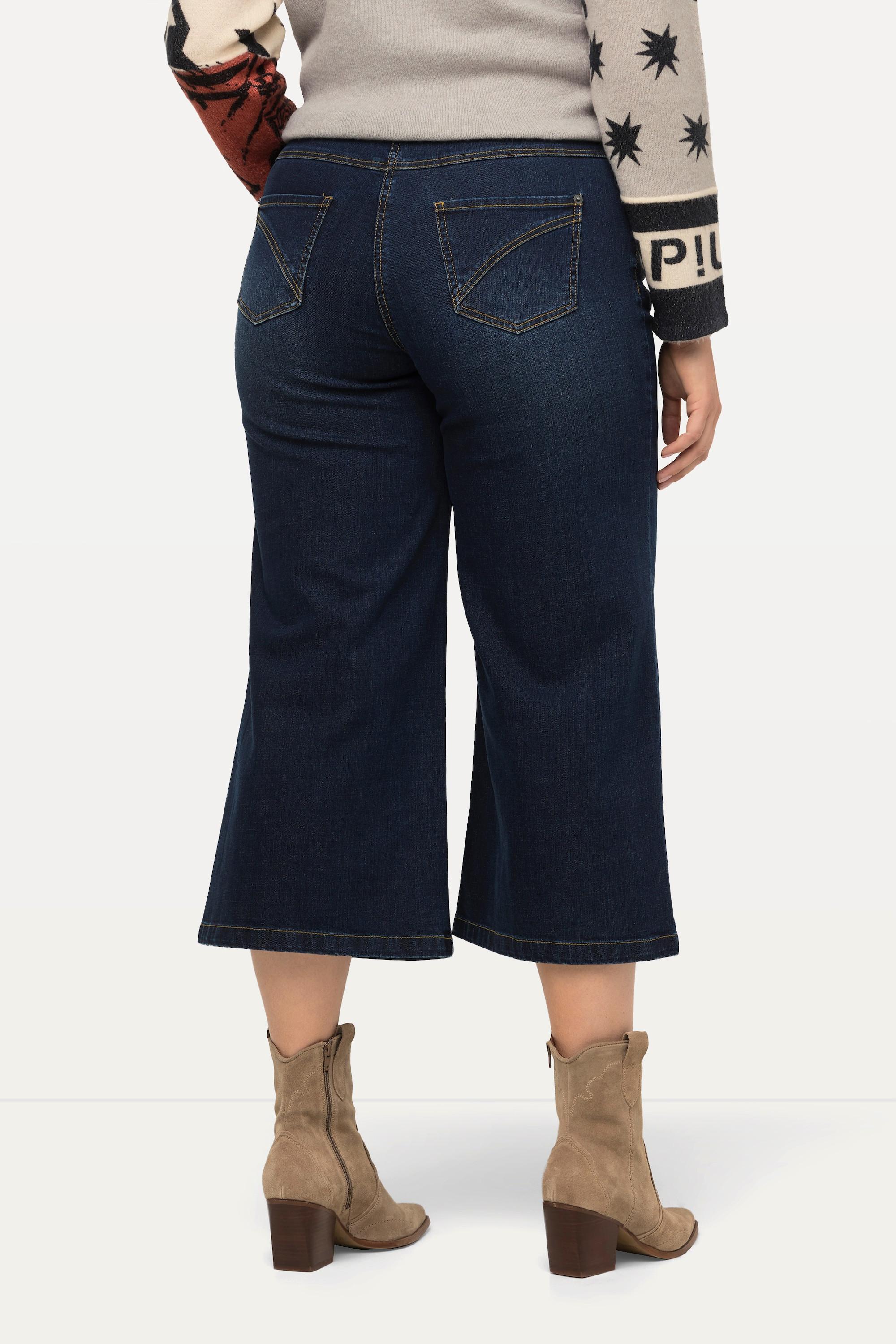 Ulla Popken  Culottes di jeans modello Mary con taglio della gamba ampio e cintura comoda 