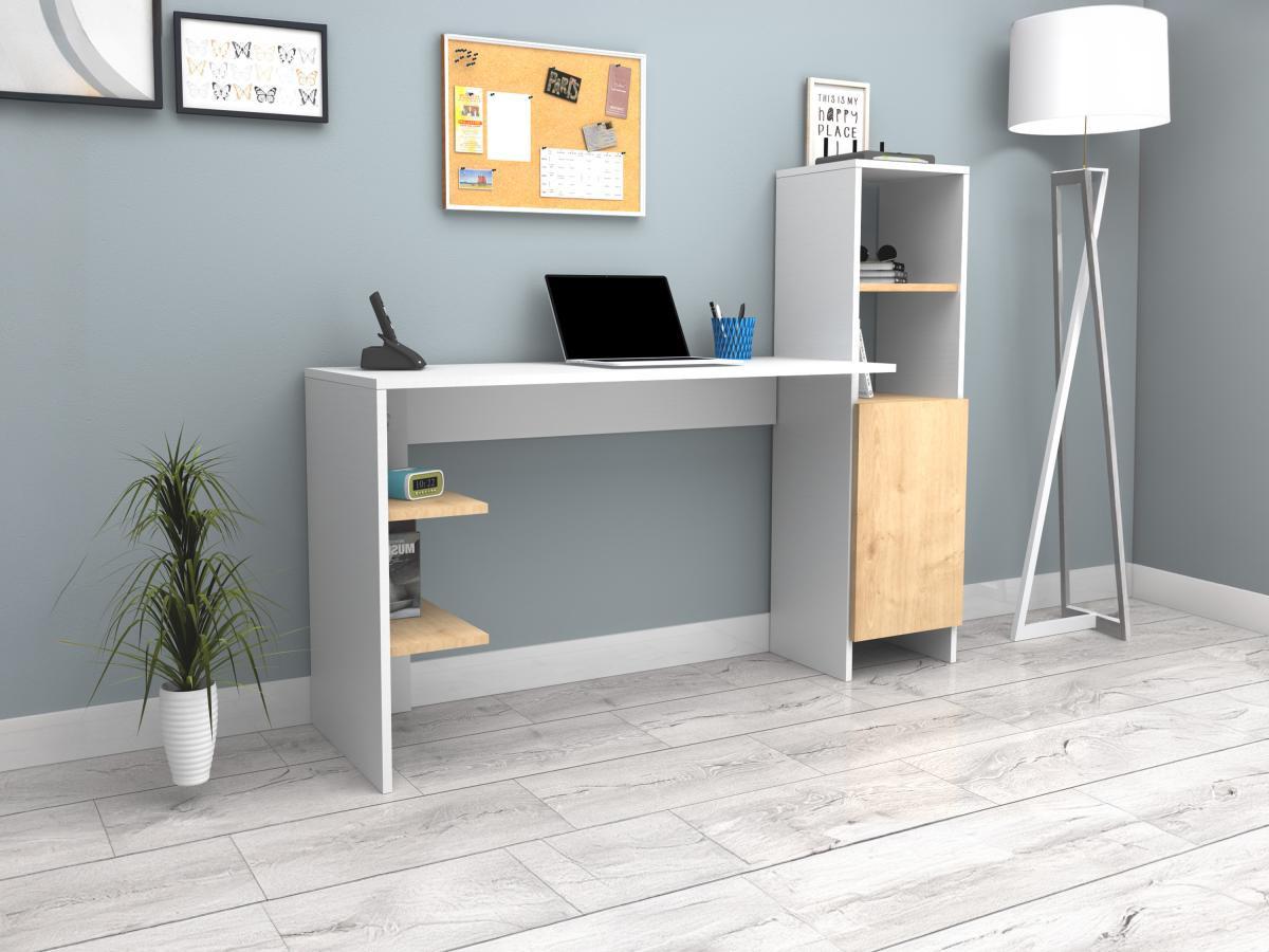 Vente-unique Bureau avec rangements - Coloris : Blanc et naturel - NAROCI  