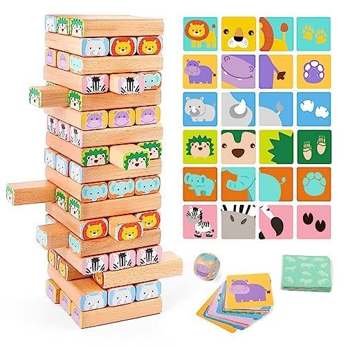 Activity-board  Jeu d'empilage de blocs en bois – Jeu social familial 4 en 1 Wiggle Tower – Ensemble : blocs de construction 