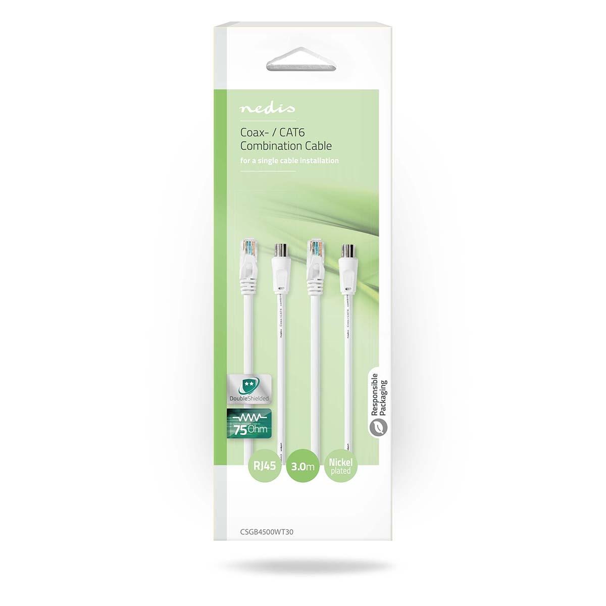 Nedis  Koax & Cat6 Kombikabel | IEC (Koax) Stecker / RJ45 Stecker | IEC (Koax) Buchse / RJ45 Stecker | Vernickelt | RG58 | 75 Ohm | Doppelt geschirmt | 3,00 m | Rund | PVC | Weiß | Box 