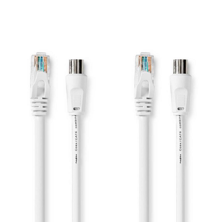 Coax & Cat6 Combi Cable | IEC (Coax) Male / RJ45 Male | IEC (Coax) Female / RJ45 Male | Nickel Plated | RG58 | 75 Ohm | Double Shielded | 3.00 m | Round | PVC | White | Box