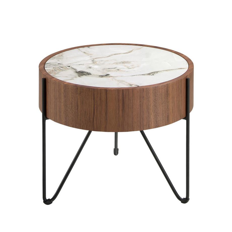 ANGEL CERDA Runder Ecktisch aus Porzellanmarmor, Nussbaum undem Stahl  