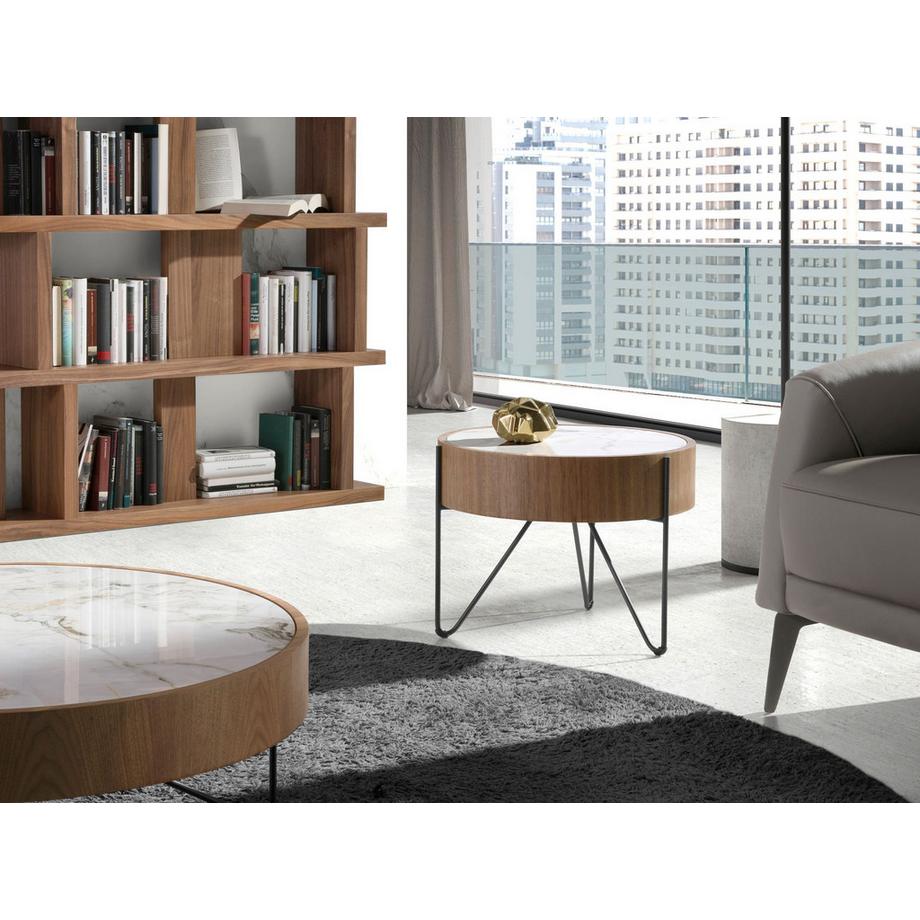 ANGEL CERDA Runder Ecktisch aus Porzellanmarmor, Nussbaum undem Stahl  