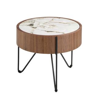 ANGEL CERDA Table d'angle ronde en marbre porcelaine, noyer et acier noir  