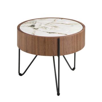 Table d'angle ronde en marbre porcelaine, noyer et acier noir