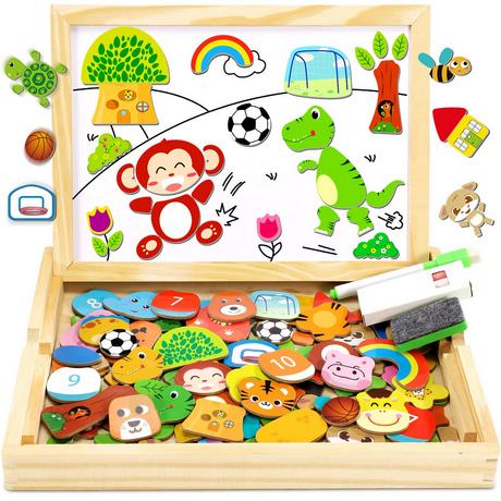 Activity-board  Holzpuzzle mit Doppelplatte - 110 Teile magnetisches Holzspielzeug mit Tier- und Fußballmuster 