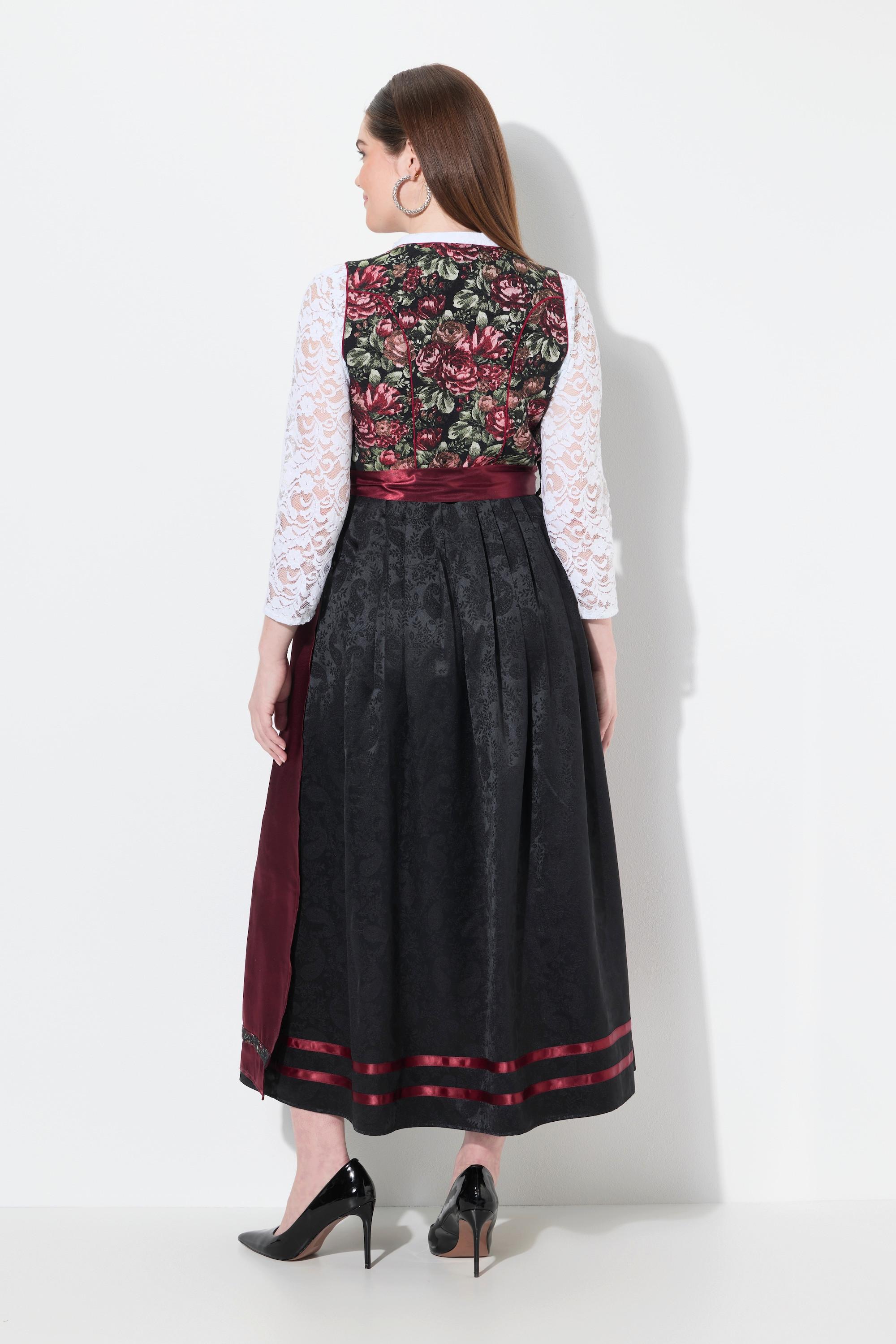 Ulla Popken Dirndl Floral Décolleté Carré Sans Manches avec Tablier en Satin  