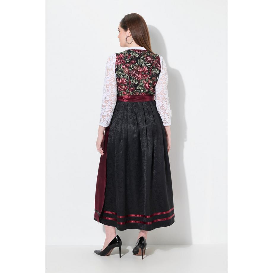 Ulla Popken Dirndl Floreale Scollo Quadrato Senza Maniche con Grembiule in Raso  
