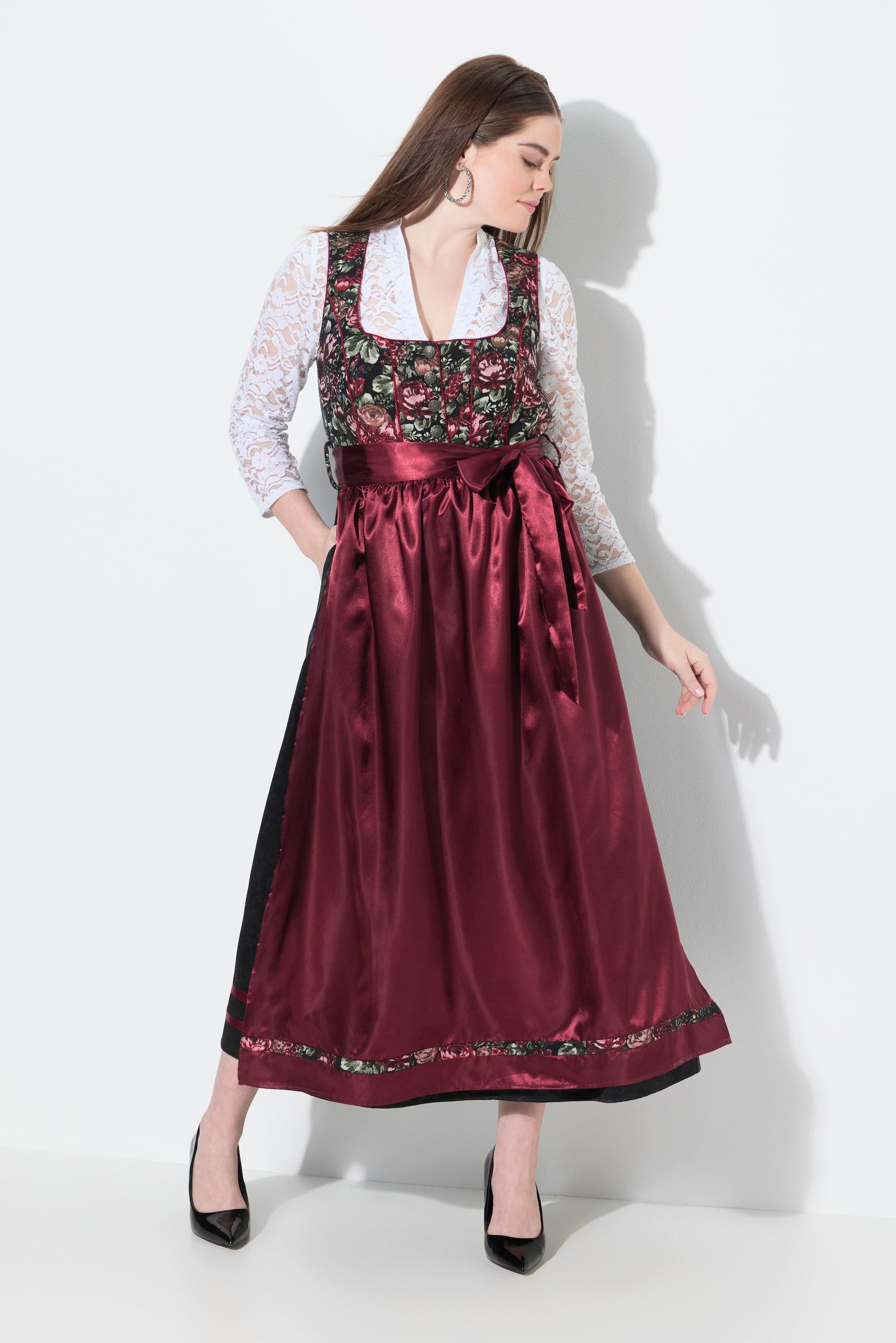 Ulla Popken Dirndl Floral Décolleté Carré Sans Manches avec Tablier en Satin  