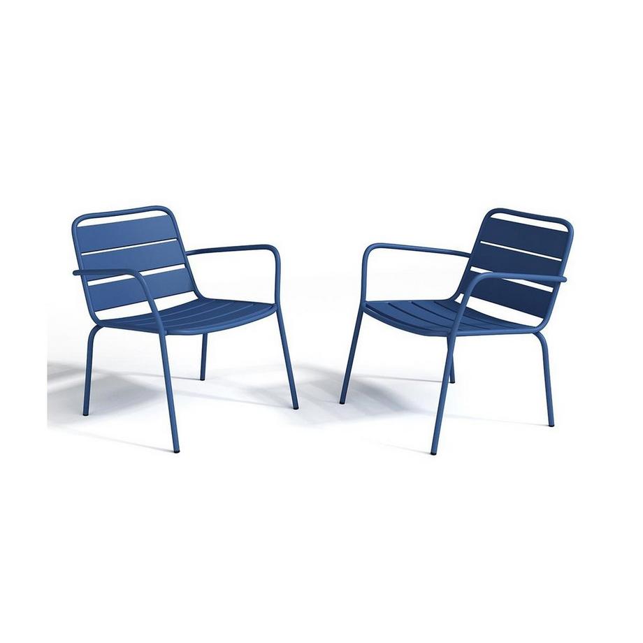 Vente-unique Salon de jardin en métal - 2 fauteuils bas empilables et une table d'appoint - Bleu nuit - MIRMANDE de MYLIA  