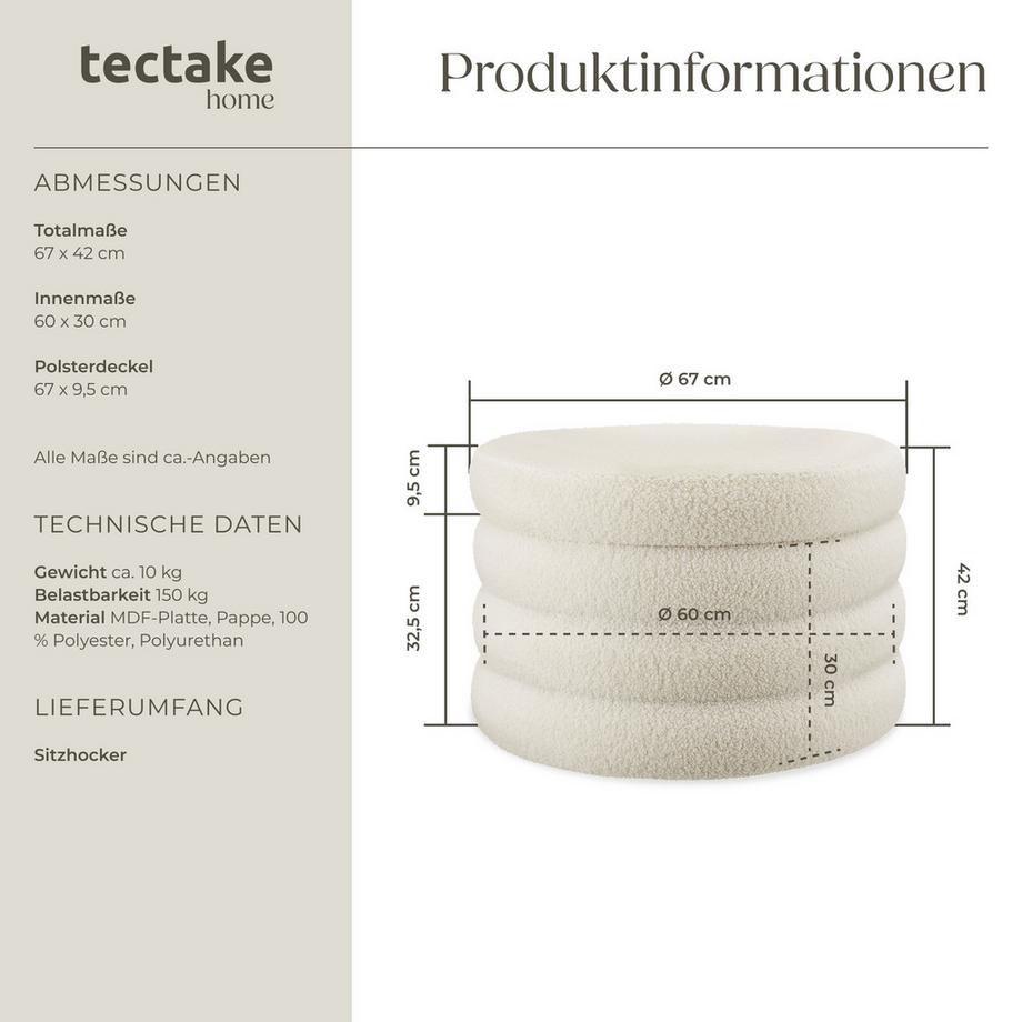 Tectake Sitzhocker mit Stauraum Altu XL rund 67 x 42 cm  