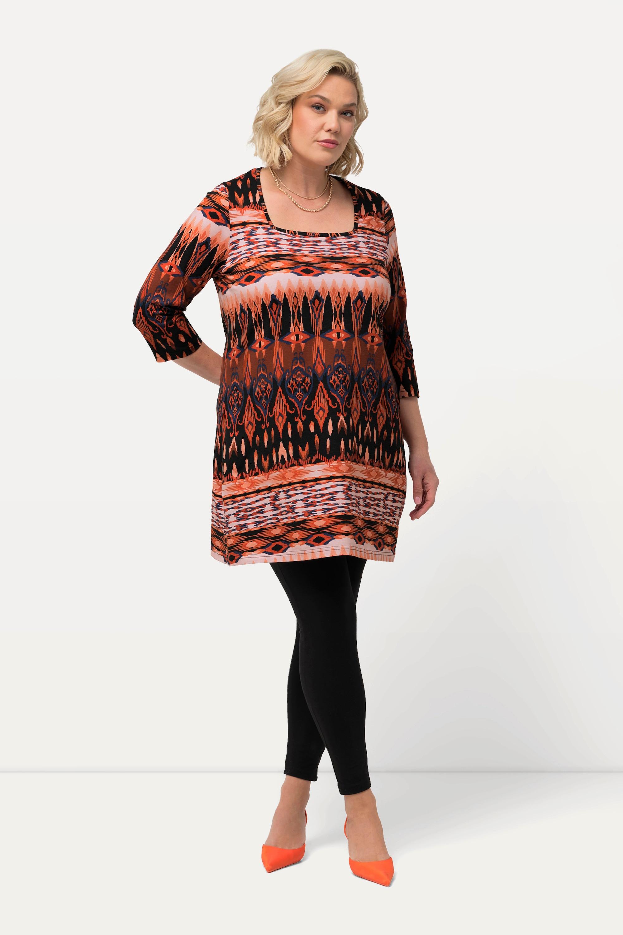 Ulla Popken  Longshirt, gemustert, Carree-Ausschnitt, 3/4-Arm 