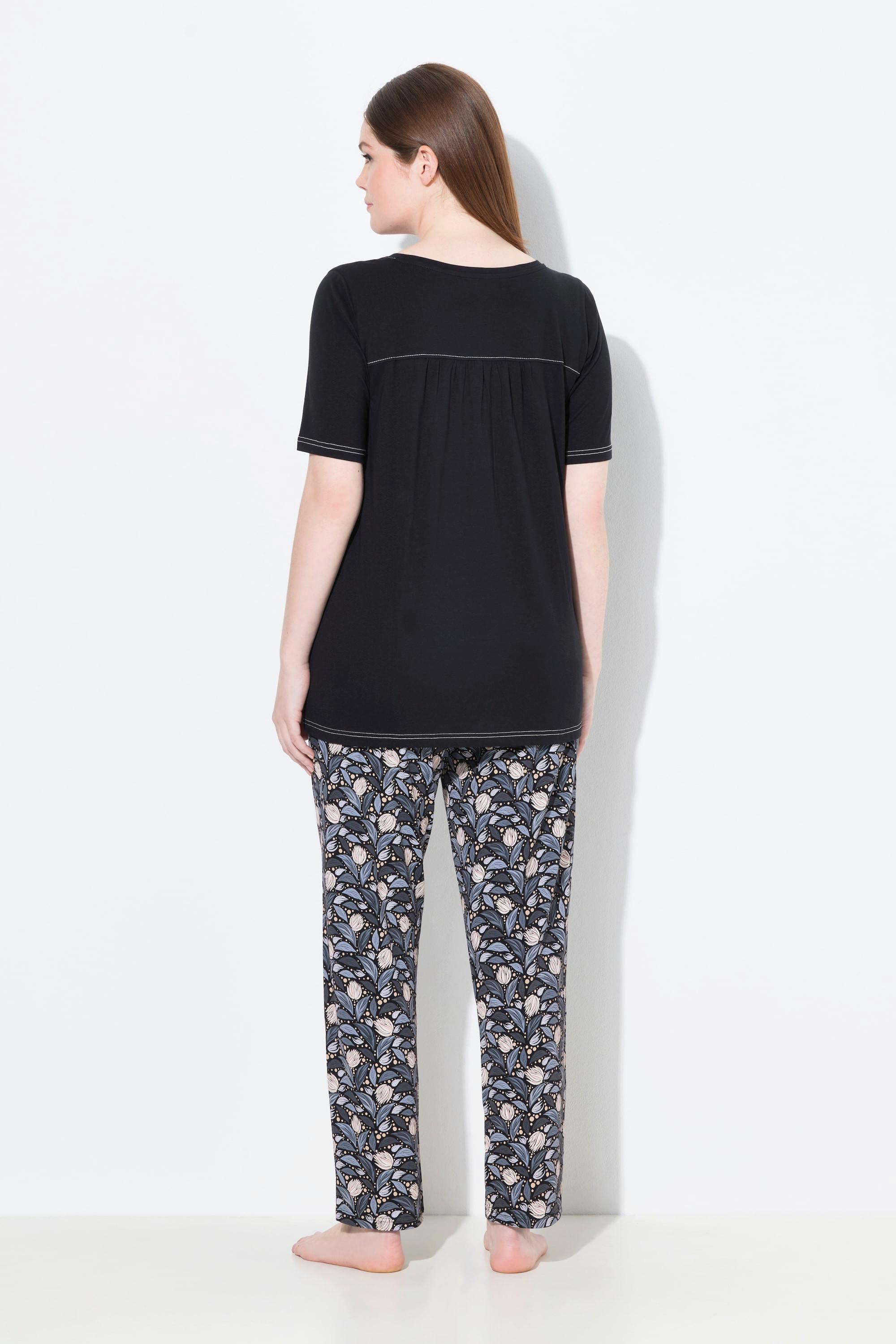 Ulla Popken Pigiama con foglie scollo a V mezze maniche  