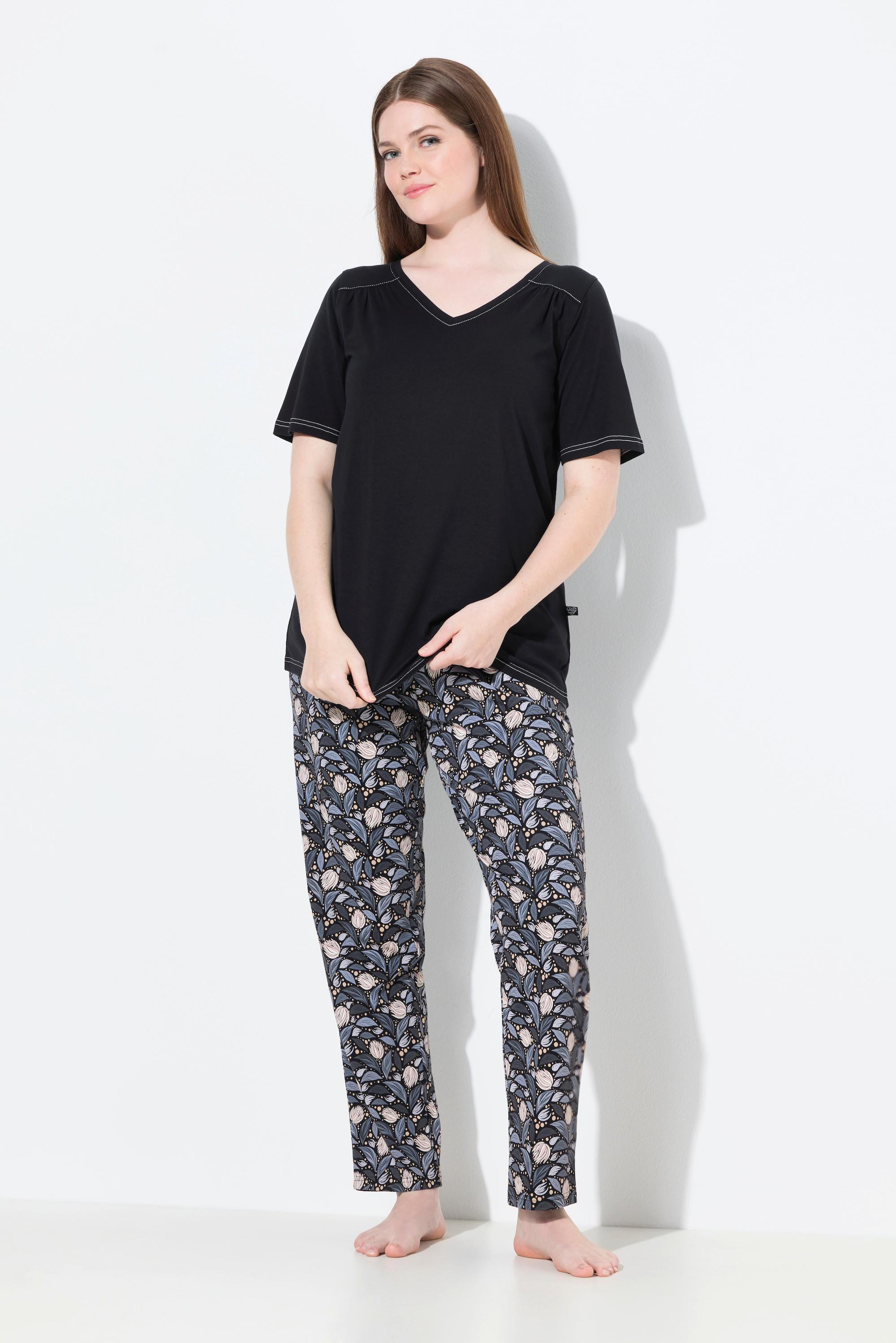 Ulla Popken Pigiama con foglie scollo a V mezze maniche  