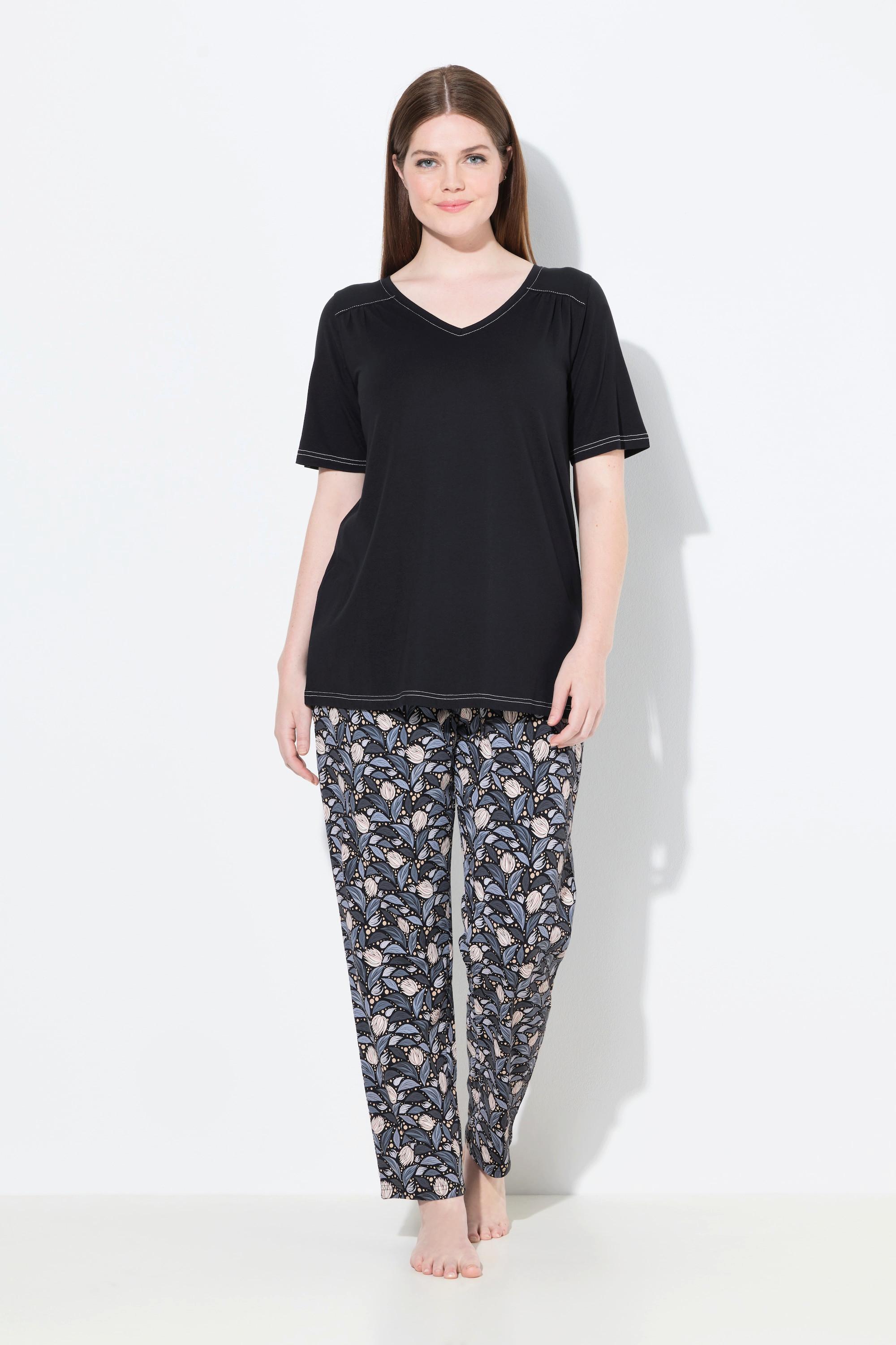 Ulla Popken Pigiama con foglie scollo a V mezze maniche  