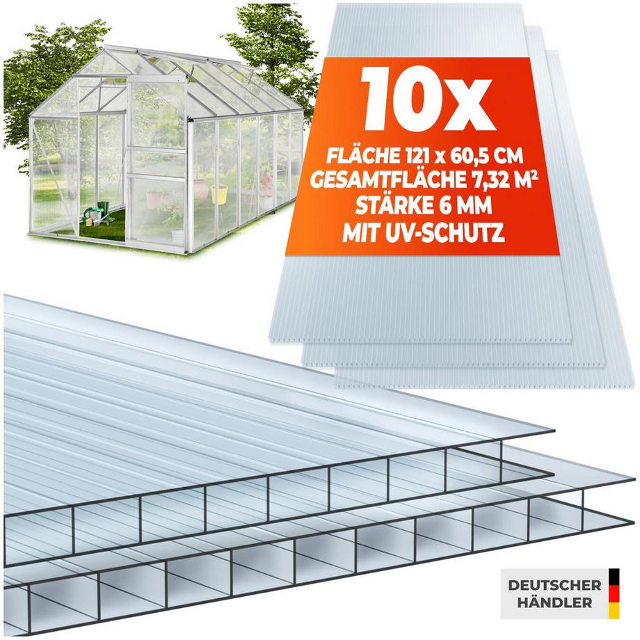 Tectake  10er Set Doppelstegplatten Shiny 7,32 m² Gesamtfläche, individuell zuschneidbar lichtdurchlässig, UV-beständig 