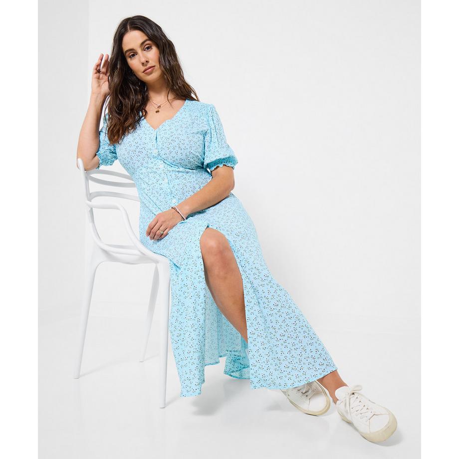 Maxikleid mit kleinteiligem Gänseblümchenmuster und Knopfleiste