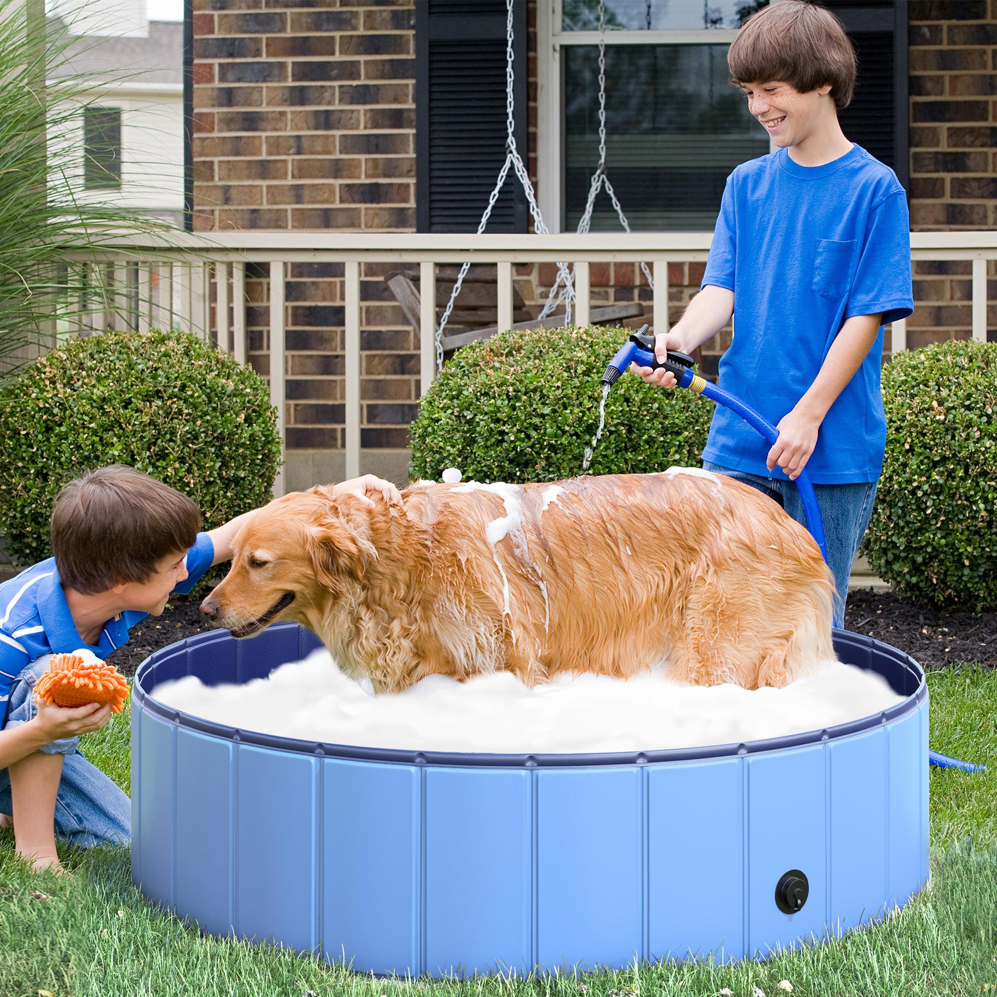 PawHut  Piscina Per Cani Grande Piscina Per Cani, Piscina In Pvc + Legno, Blu, Ø120Xh30 Cm, Rinfrescante In Estate 