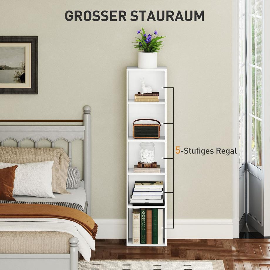 Northio Bücherregal, 5 Fächer, verstellbare Regale, Holz, 30 x 24 x 133,5 cm, Weiß  