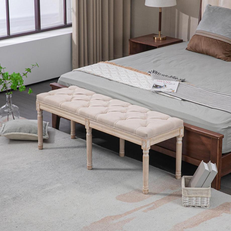 Northio Polsterbank Vintage 117X40X48Cm Sitzbank, Bettbank, Schlafzimmerbank Mit Knöpfen, Leinenoptik, Bis 120Kg, Beige  