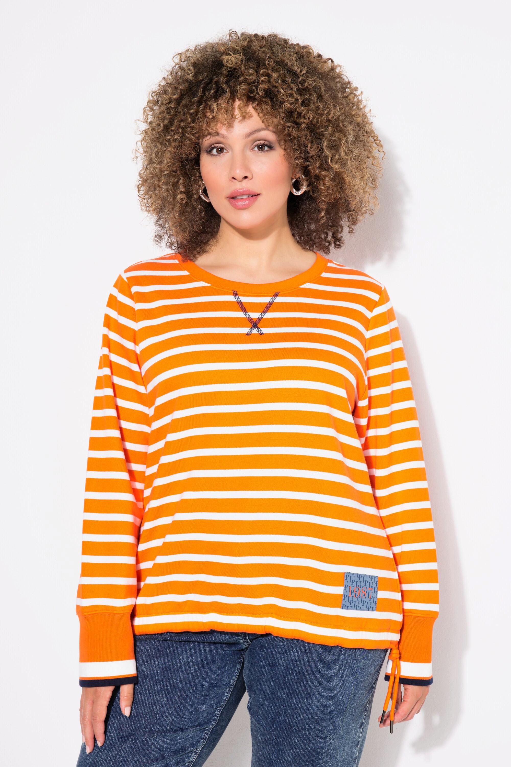 Ulla Popken  Sweat-shirt rayé, col rond et manches longues, cordon sous tunnel 