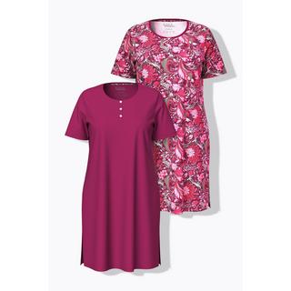 Ulla Popken  Lot de 2 chemises de nuit, motif fleurs/uni, col rond et manches courtes 