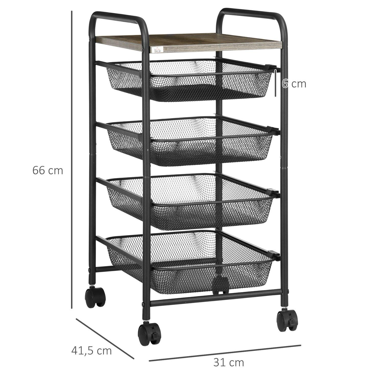 Northio Carrello Da Cucina Con 4 Cestelli, Scaffale Su Ruote, Carrello Di Servizio Per Camera Da Letto, Acciaio, Nero, 41.5X31X66Cm  