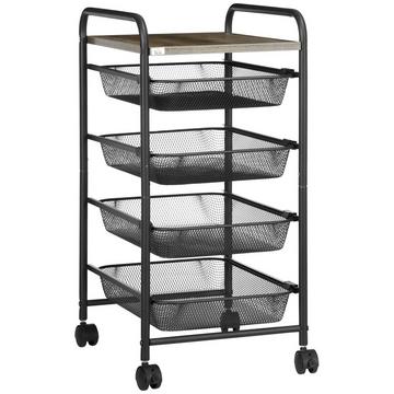 Carrello Da Cucina Con 4 Cestelli, Scaffale Su Ruote, Carrello Di Servizio Per Camera Da Letto, Acciaio, Nero, 41.5X31X66Cm