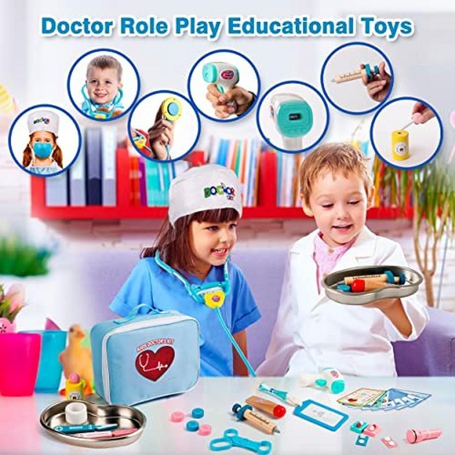 Activity-board  Arztkoffer Kinder Holzarztkoffer Kinderspielzeug mit Stethoskop, Edelstahltablett und Arzttasche 