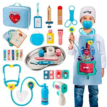 Arztkoffer Kinder Holzarztkoffer Kinderspielzeug mit Stethoskop, Edelstahltablett und Arzttasche