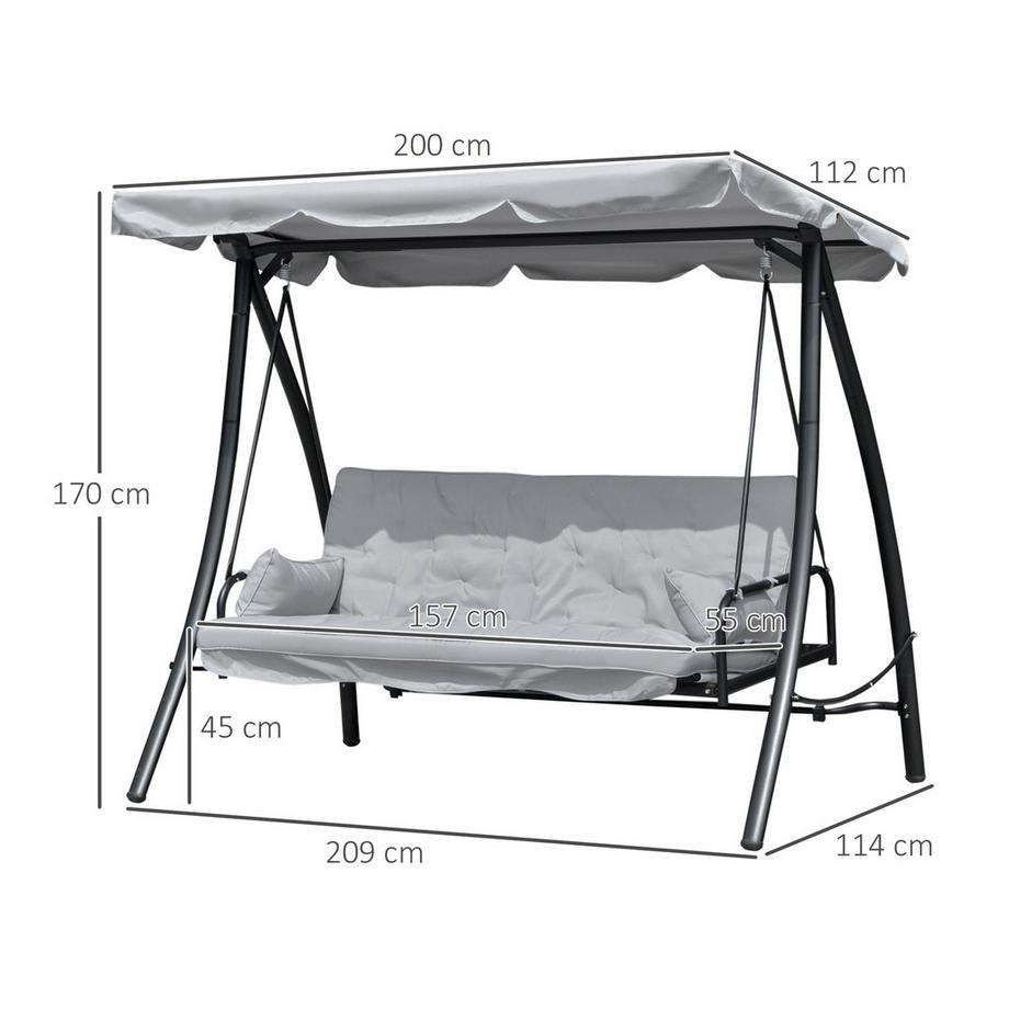 Northio Hollywoodschaukel Gartenschaukel Schaukel Schaukelbank Mit Liege-Funktion, 3 Sitzer, Metall+Polyester, Weiß, 209 X 114 X 170 Cm  