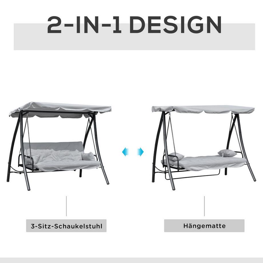 Northio Hollywoodschaukel Gartenschaukel Schaukel Schaukelbank Mit Liege-Funktion, 3 Sitzer, Metall+Polyester, Weiß, 209 X 114 X 170 Cm  