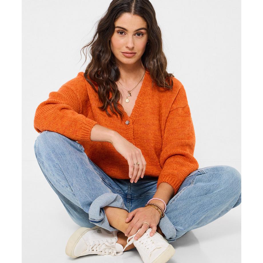 Langarm-Strickjacke mit V-Ausschnitt und Knopfleiste