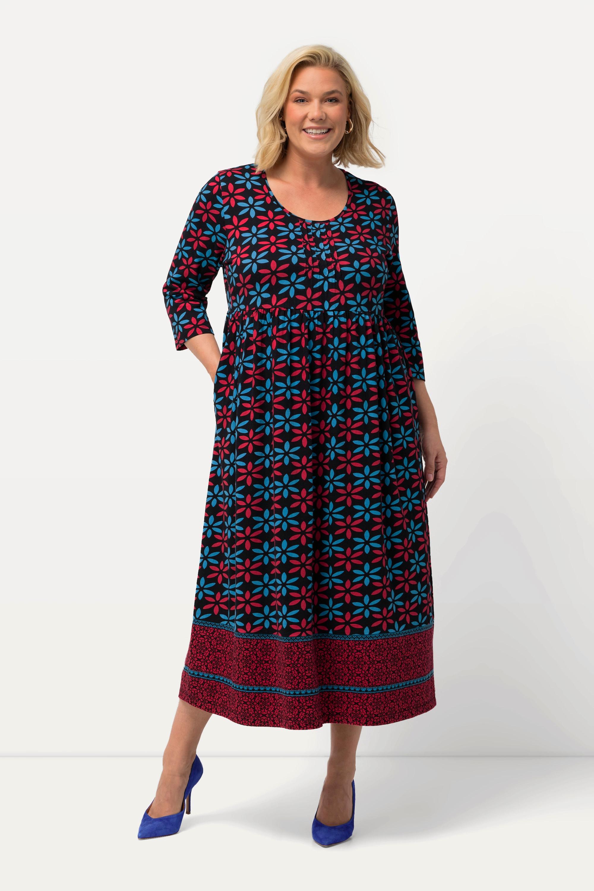 Ulla Popken  Jerseykleid, Blüten, A-Linie, Rundhals, 3/4-Arm 