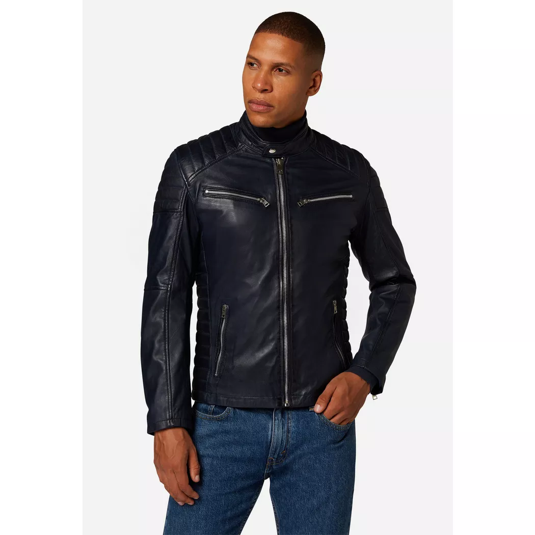 RICANO - Lederjacke Cooper im Biker-Stil mit Stehkragen, XXL, Blau
