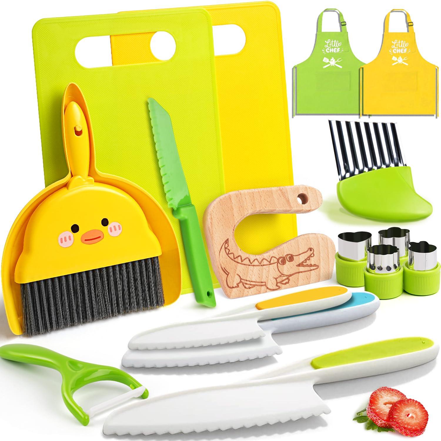 Activity-board  Couteaux pour enfants - Set de couteaux de cuisine de sécurité pour enfants 16 pièces pour la vraie cuisine avec couteau en bois, couteau pour enfants, planche à découper, éplucheur 