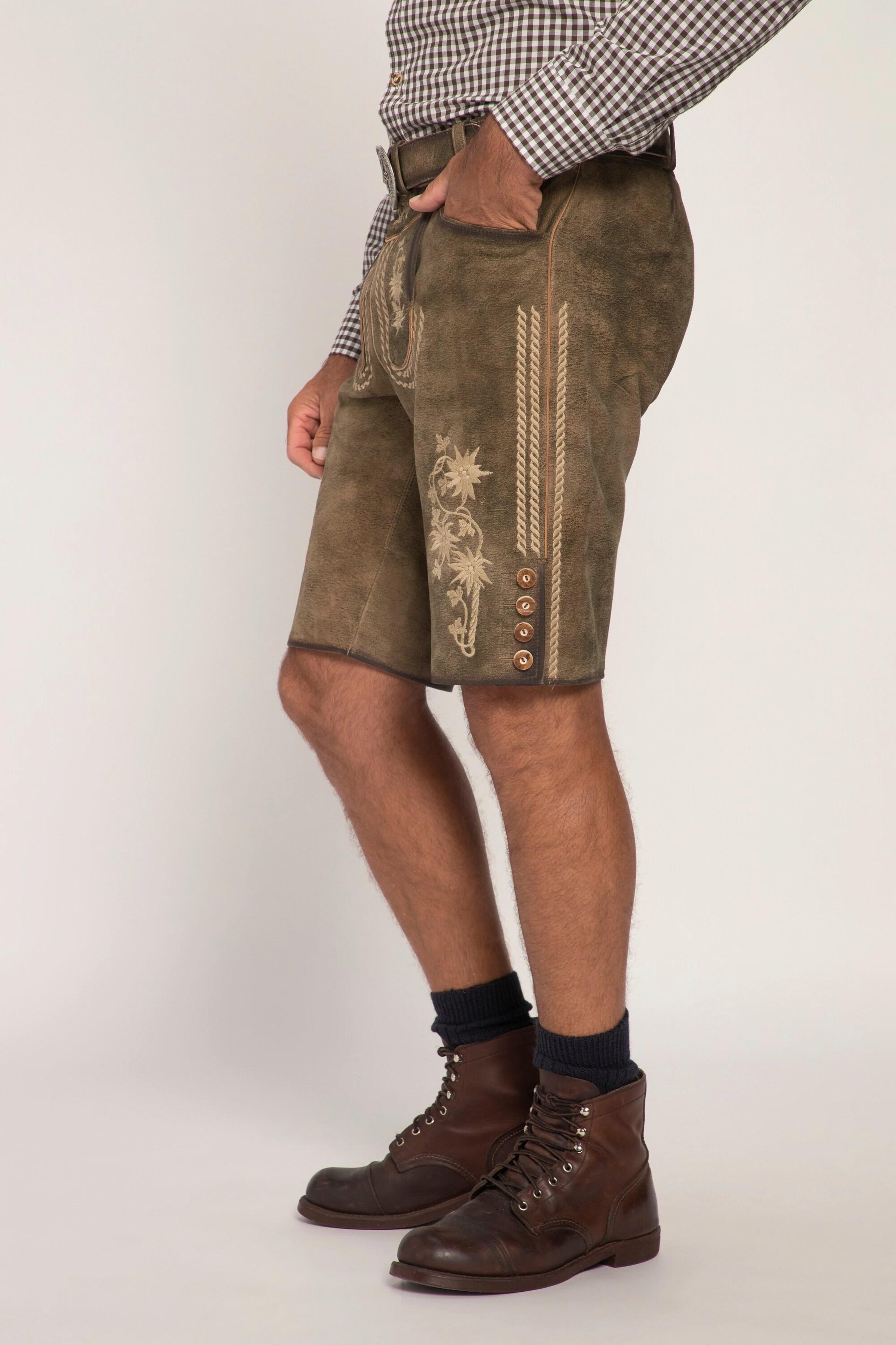 JP1880  Lederhosen in tradizionale stile Tracht in pelle di capra con ricami tradizionali e cintura di pelle in omaggio 