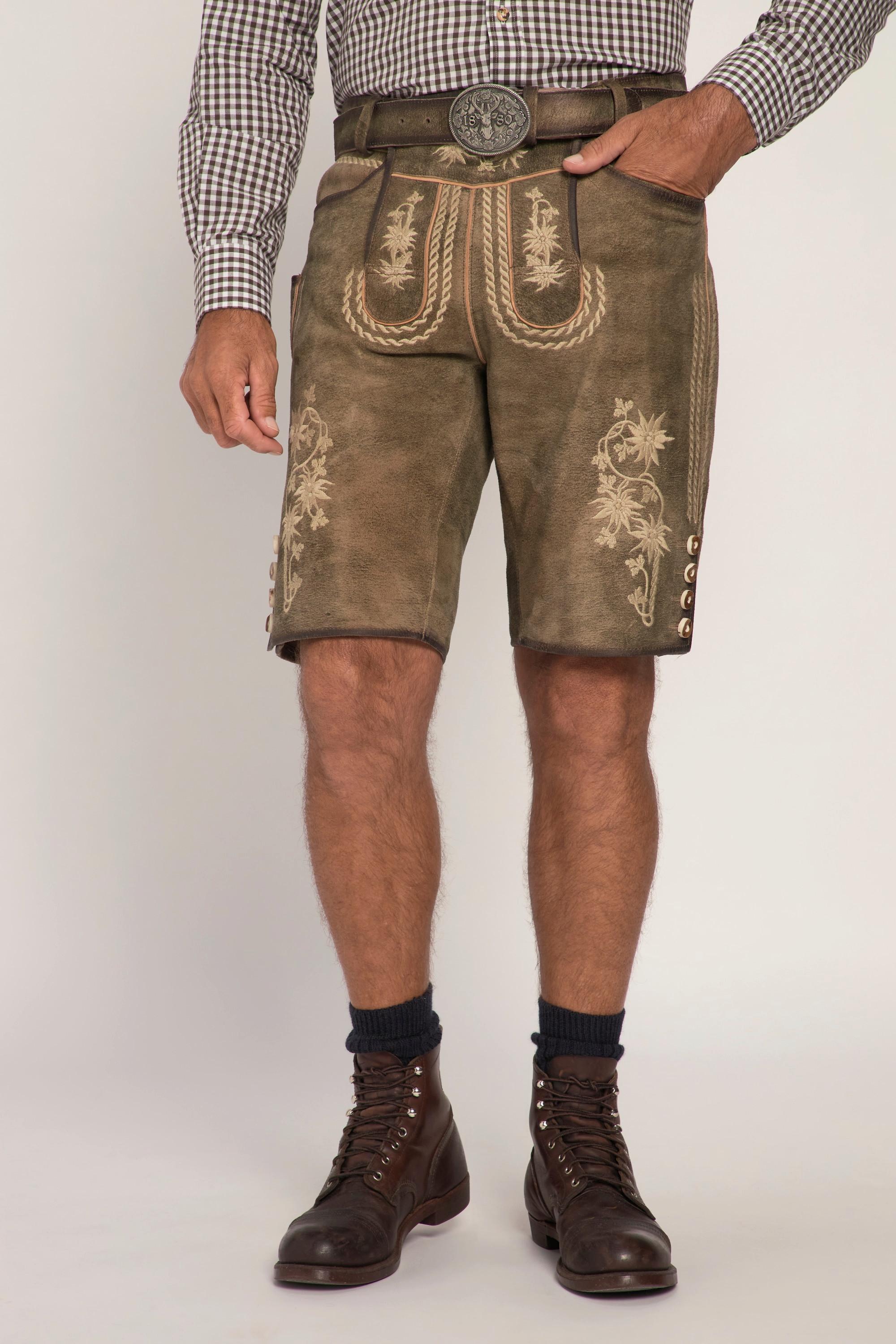 JP1880  Lederhosen in tradizionale stile Tracht in pelle di capra con ricami tradizionali e cintura di pelle in omaggio 