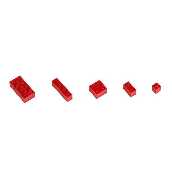 Q-BRICKS        Dieses Farbset mit verschiedenen Ziegelgrößen eignet sich für kreative Bauideen.   Das Set enthält 300 Steine ​​in den Abmessungen 1×1 (60 Stück), 1×2 (60 Stück), 1×4 (60 Stück), 2×2 (60 Stück) und 2×4 (60 Stück).   RAL-Farbe: Rot 620              