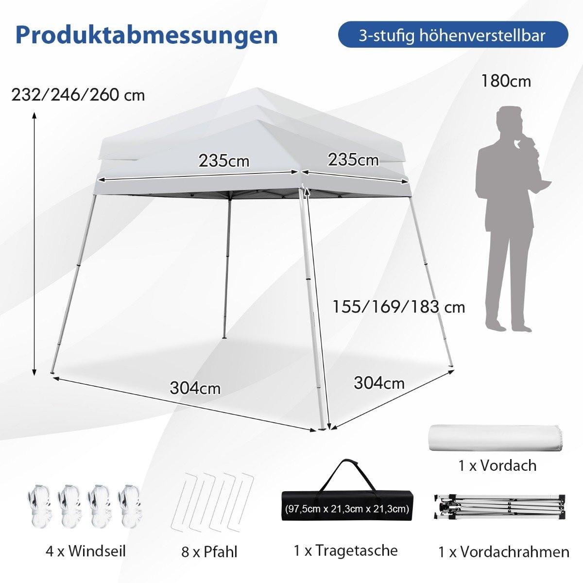 Northix Tonnelle pliante 3 m x 3 m grand auvent pliable blanc avec sac de transport avec réglage en hauteur sur 3 niveaux  