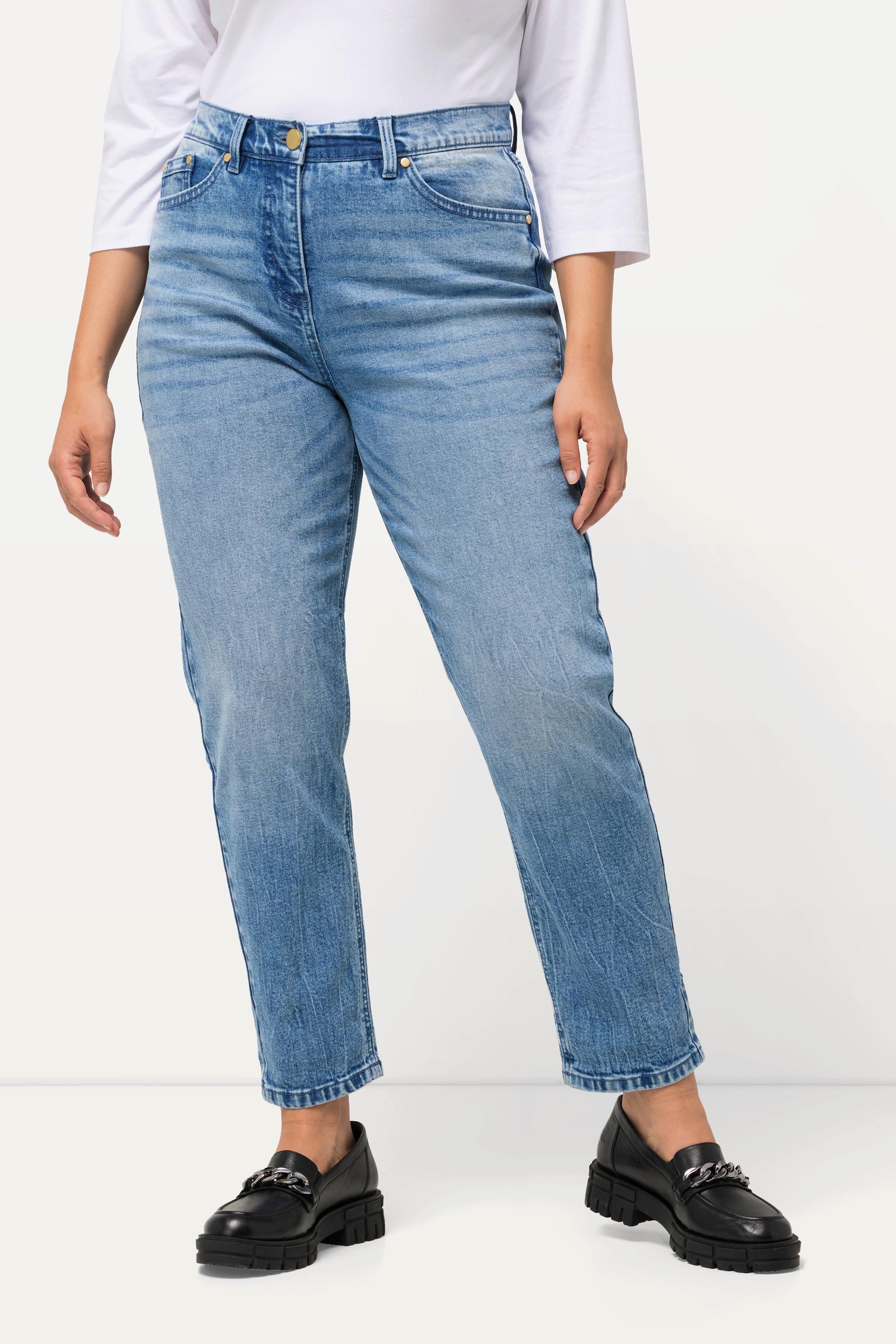 Ulla Popken  Jean Mom taille haute, coupe 5 poches, aspect délavé 