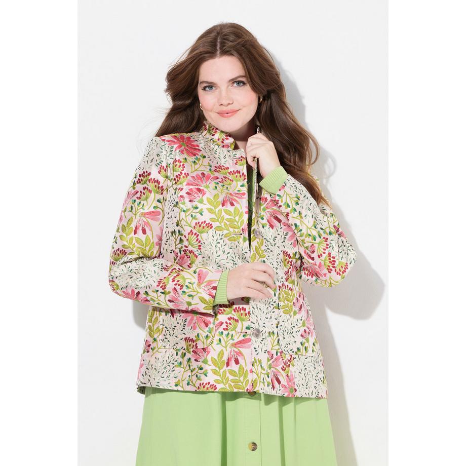Ulla Popken Jacquard Jacke Blüten Stehkragen Komplettfutter  