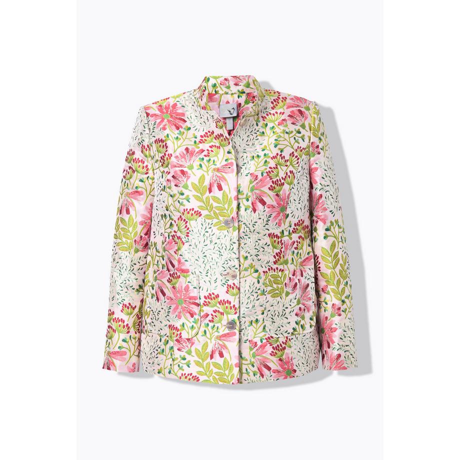 Ulla Popken Jacquard Jacke Blüten Stehkragen Komplettfutter  